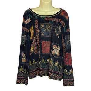 Chico's Black Asian Inspired Graphic Rhinestone Embellished Top, size 1, Medium